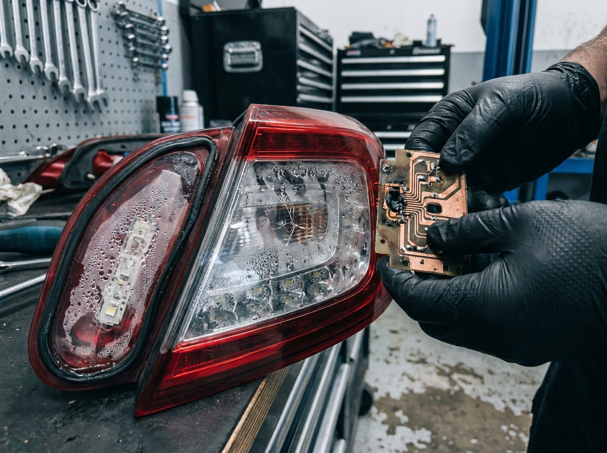 Feu arrière de berline moderne démonté sur un établi de garage, montrant des circuits LED défaillants et de la condensation à l'intérieur du boîtier