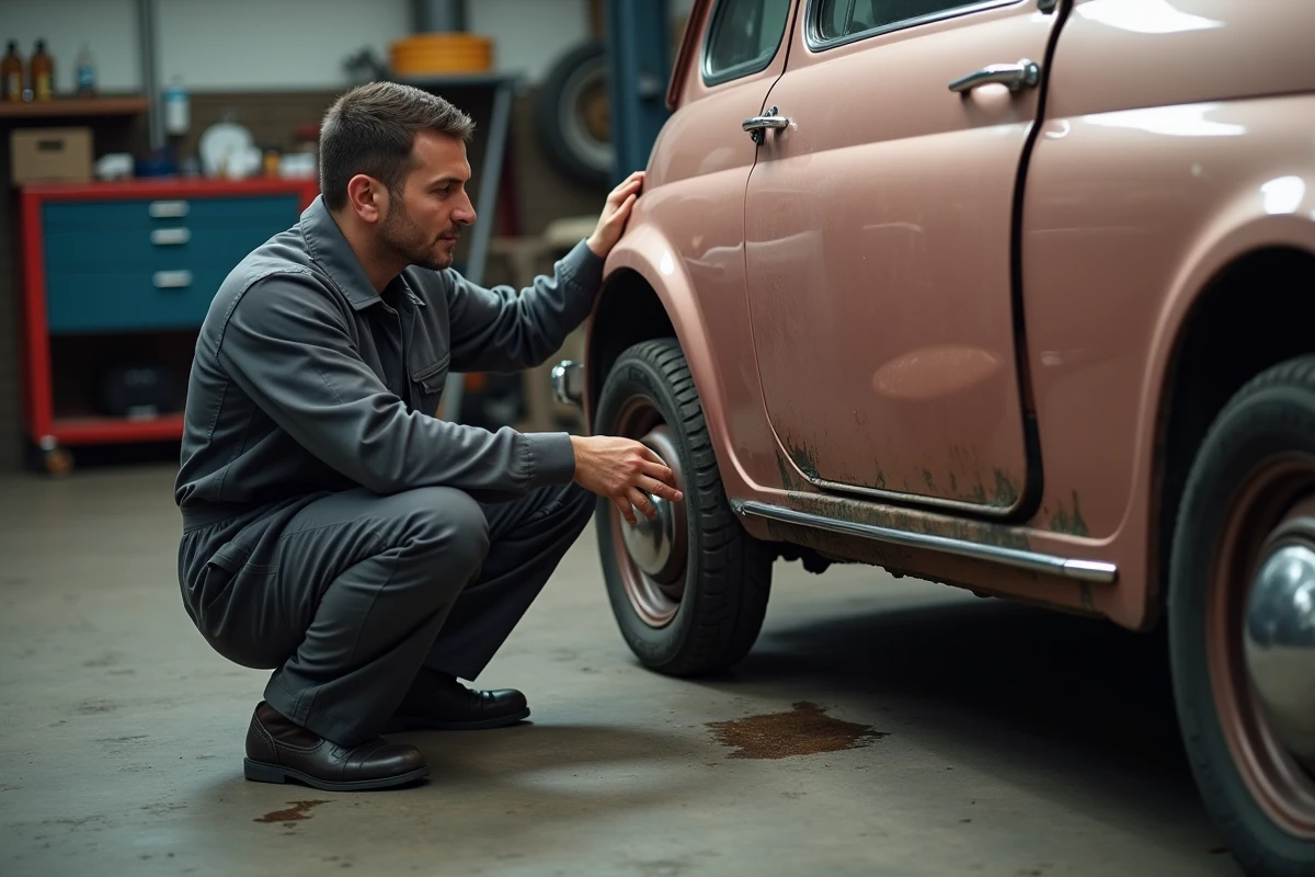Mécanicien inspectant les défauts de carrosserie et la corrosion d'une Fiat 500 rose gold en atelier