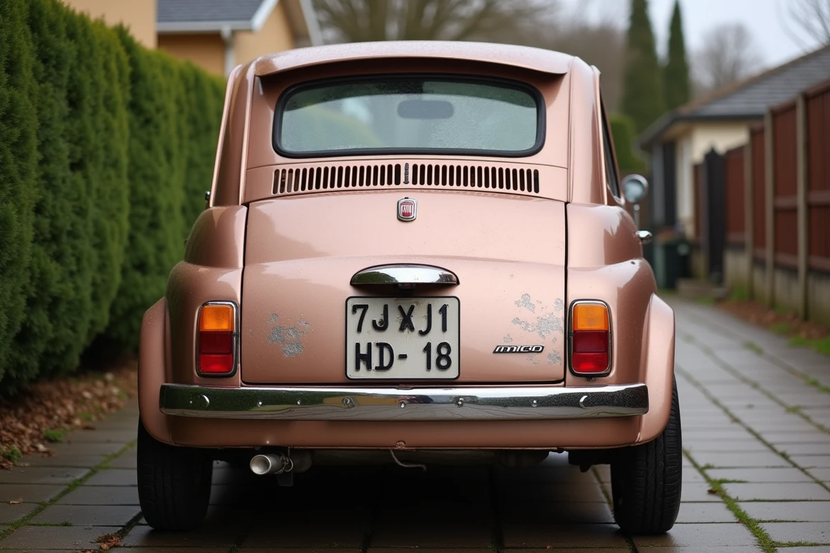 Vue arrière en trois quarts d'une Fiat 500 rose gold montrant des défauts de peinture et d'oxydation sur les joints de carrosserie