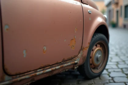 Détail de points de rouille sur le bas de caisse d'une Fiat 500 rose gold garée en ville