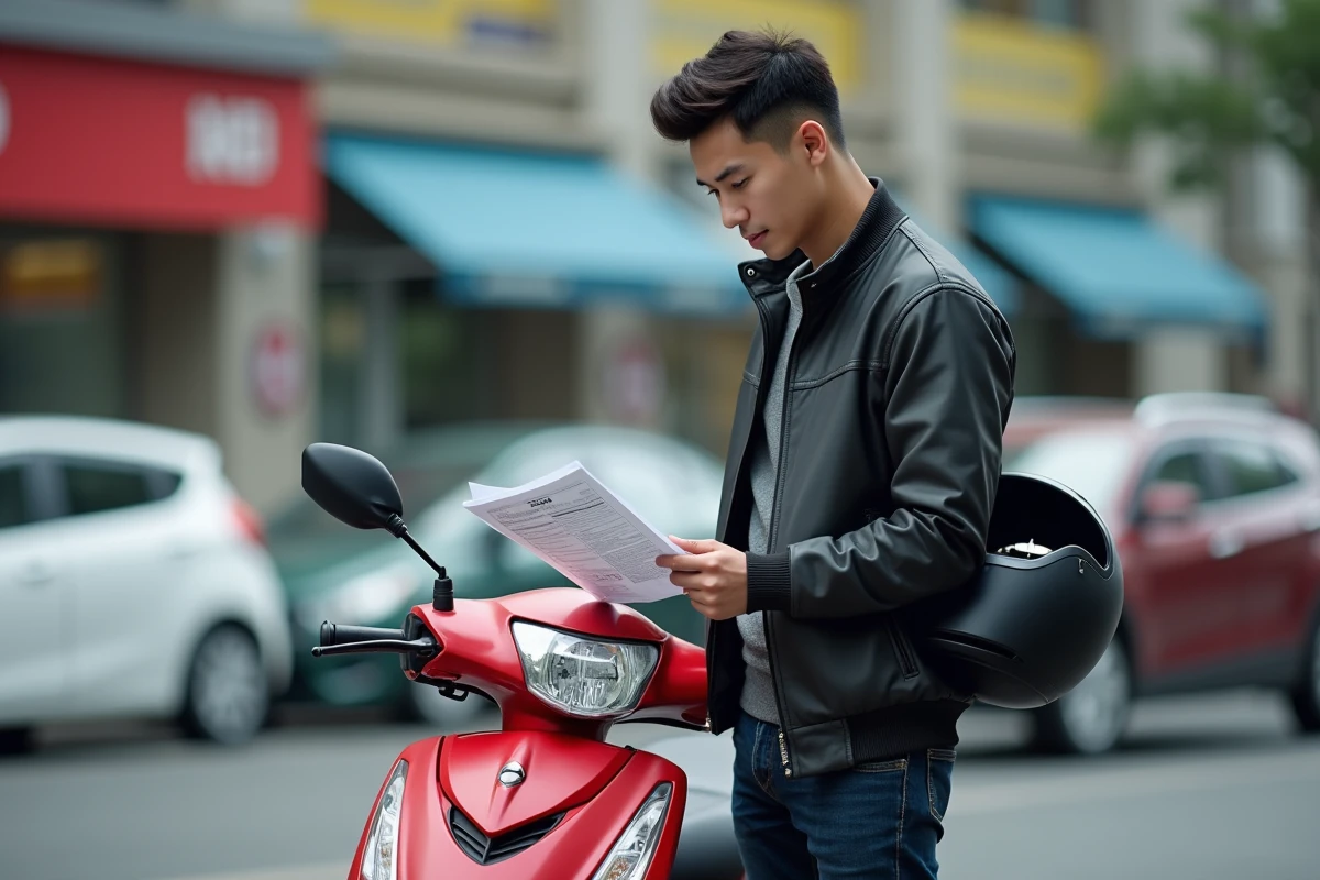 Jeune homme tenant un document de financement à côté d'un scooter Honda 125 rouge en ville