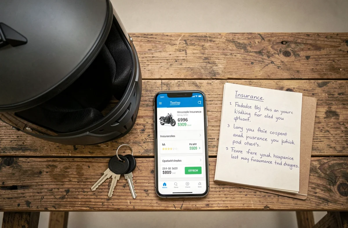 Vue aérienne d'un casque moto, smartphone avec comparateur d'assurance et notes manuscrites sur table en bois