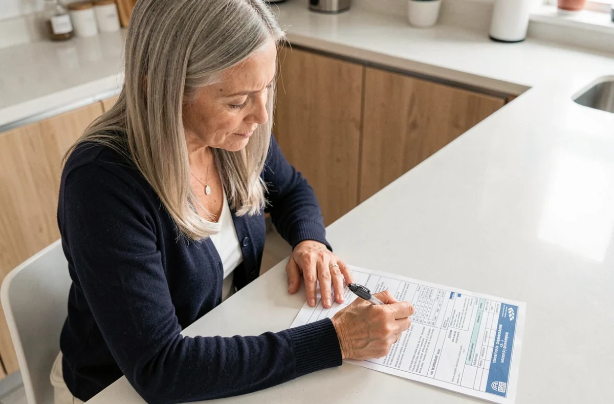 Femme remplissant un formulaire papier de devis assurance auto Eurofil avec sa carte grise sur le comptoir de la cuisine
