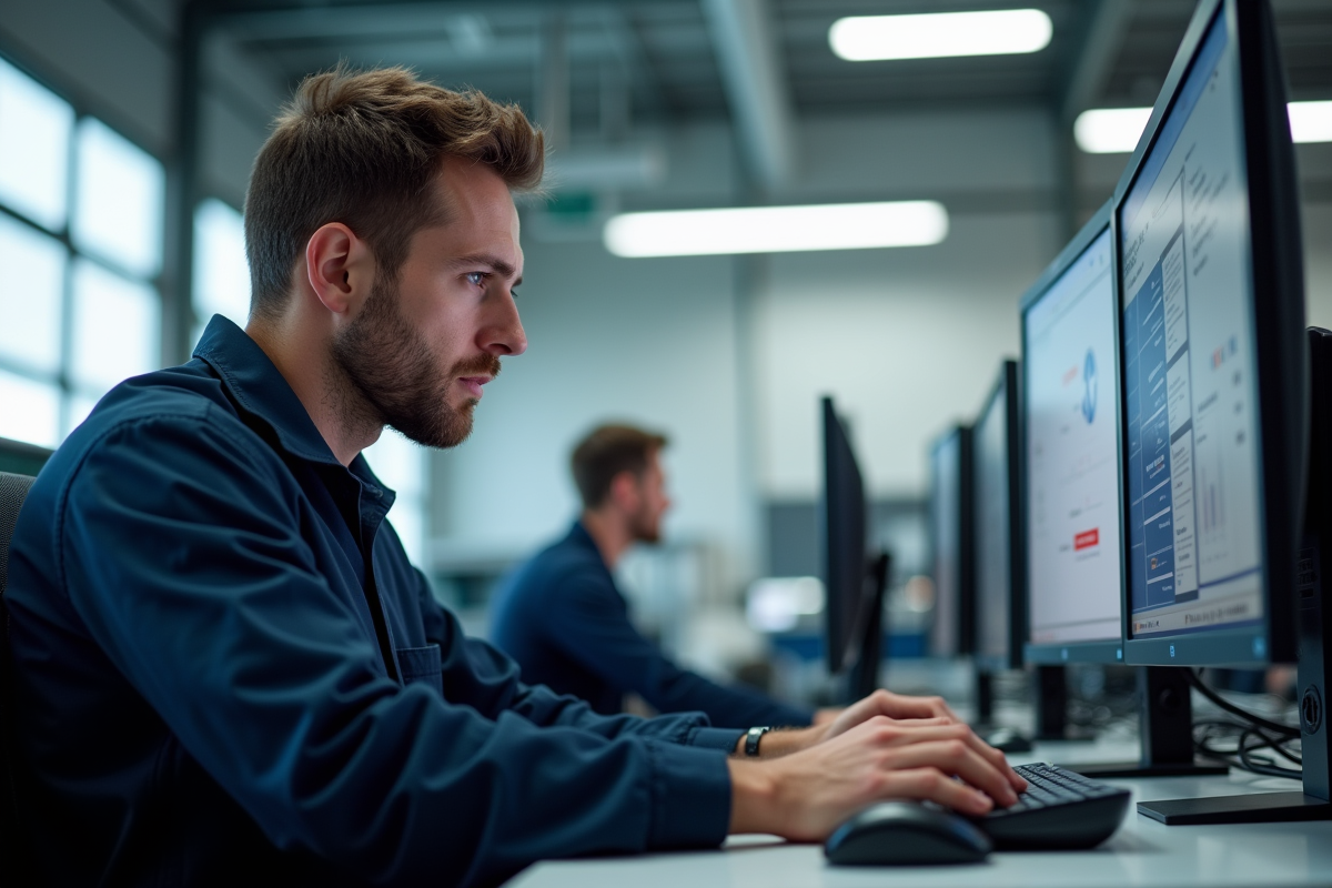 Technicien automobile travaillant sur un ordinateur dans un garage lumineux