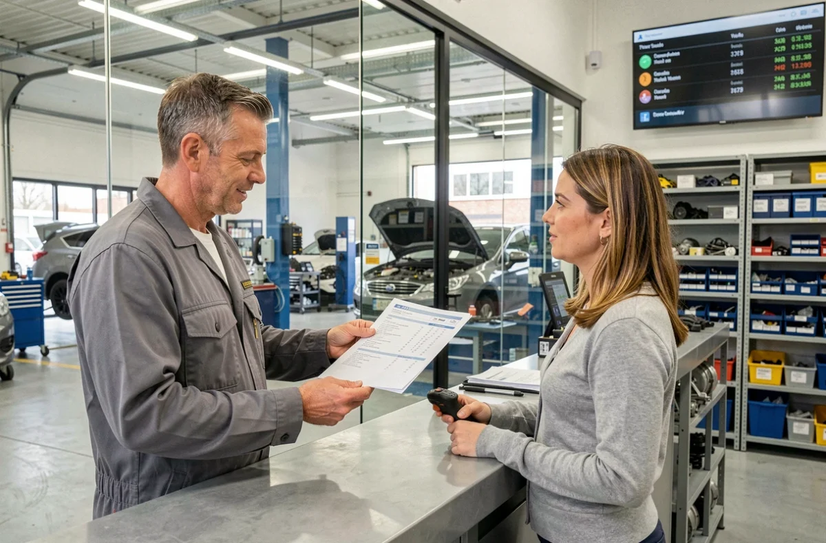 Technicien expliquant un rapport de diagnostic à une cliente dans un garage transparent BTA à Bordeaux