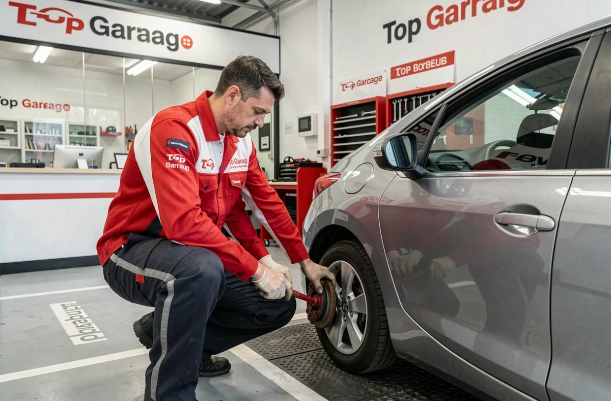 Technicien en uniforme Top Garage effectuant un contrôle de freins chez Garage Gallieni à Bordeaux
