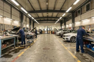 Vue panoramique d'un garage automobile professionnel en Gironde avec plusieurs véhicules en réparation