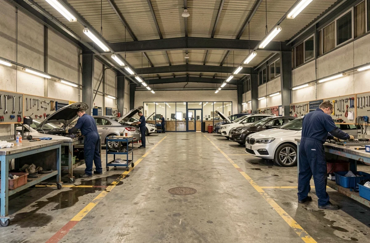 Vue panoramique d'un garage automobile professionnel en Gironde avec plusieurs véhicules en réparation