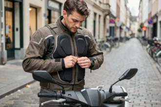 Motard portant un gilet airbag moto sur un scooter 125 cm³ en milieu urbain