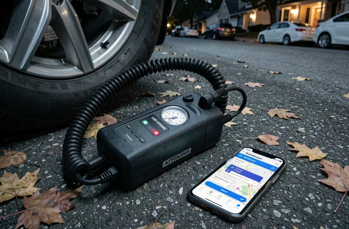 Gonfleur de pneu portable posé sur l'asphalte la nuit à côté d'un smartphone recherchant une station de gonflage proche
