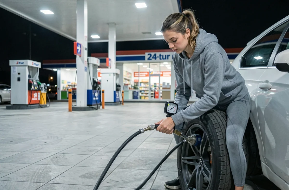 Femme gonflant son pneu à une station-service ouverte tard le soir grâce à un gonfleur automatique
