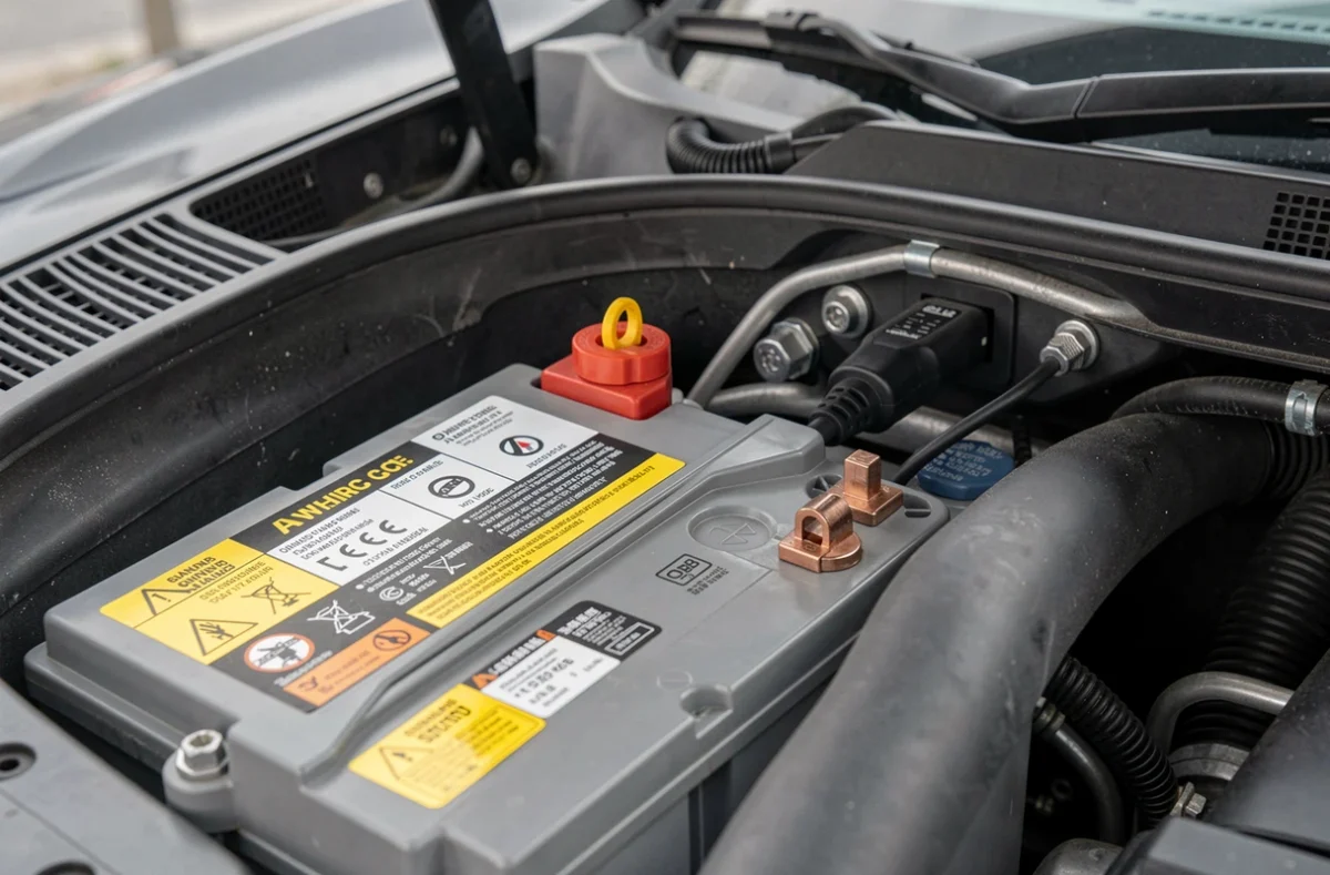 Gros plan sur une batterie de voiture moderne avec connecteur de diagnostic pour contrôle avant trajet