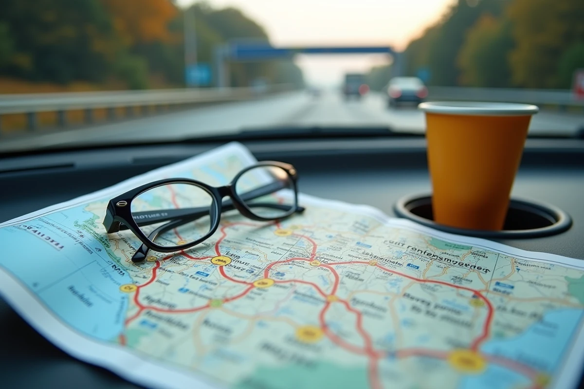 Gros plan d'une carte papier des autoroutes de France posée sur le tableau de bord d'une voiture avec des lunettes et un café