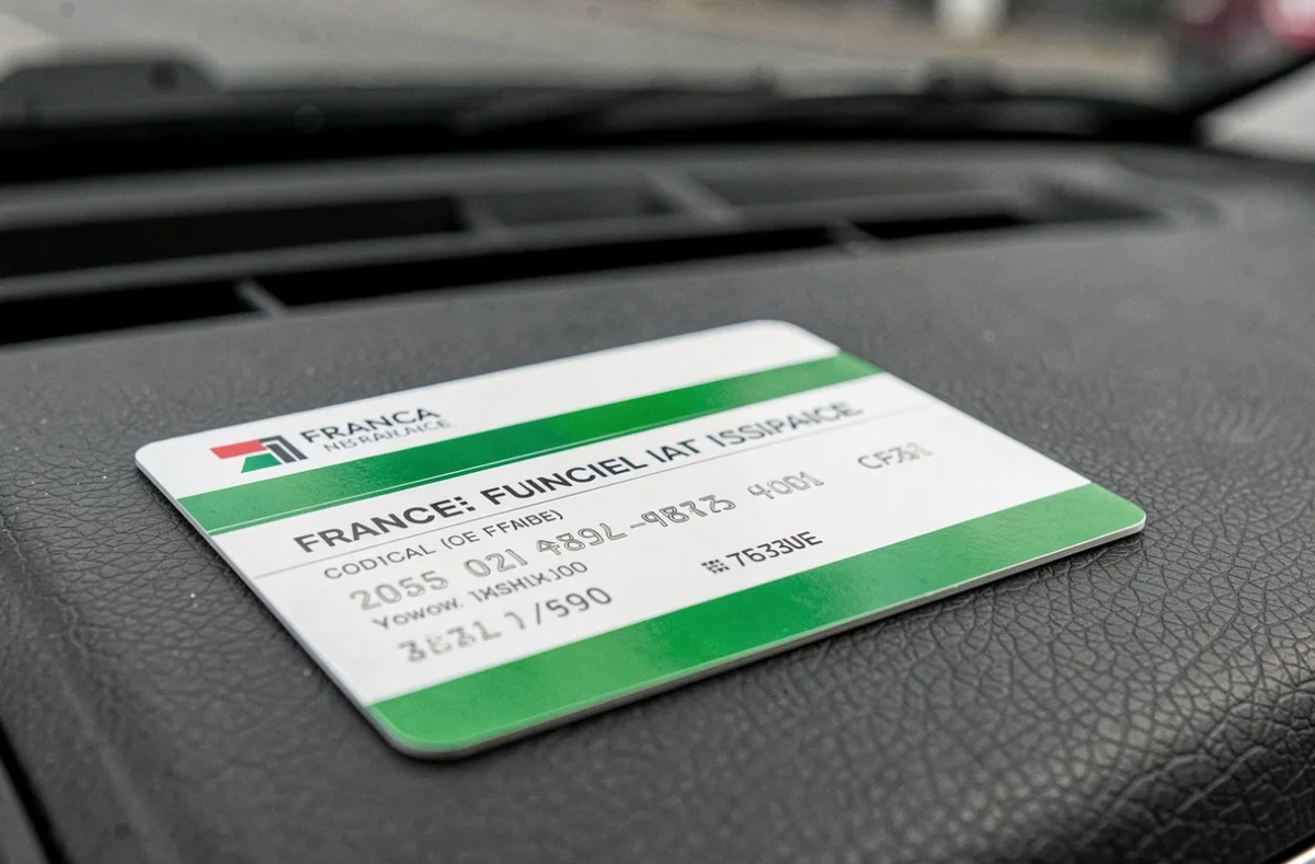 Gros plan sur une carte verte d'assurance automobile posée sur le tableau de bord