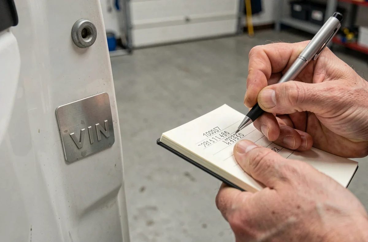 Gros plan sur une plaque VIN de voiture avec une main notant le numéro pour identifier la finition via la carte grise