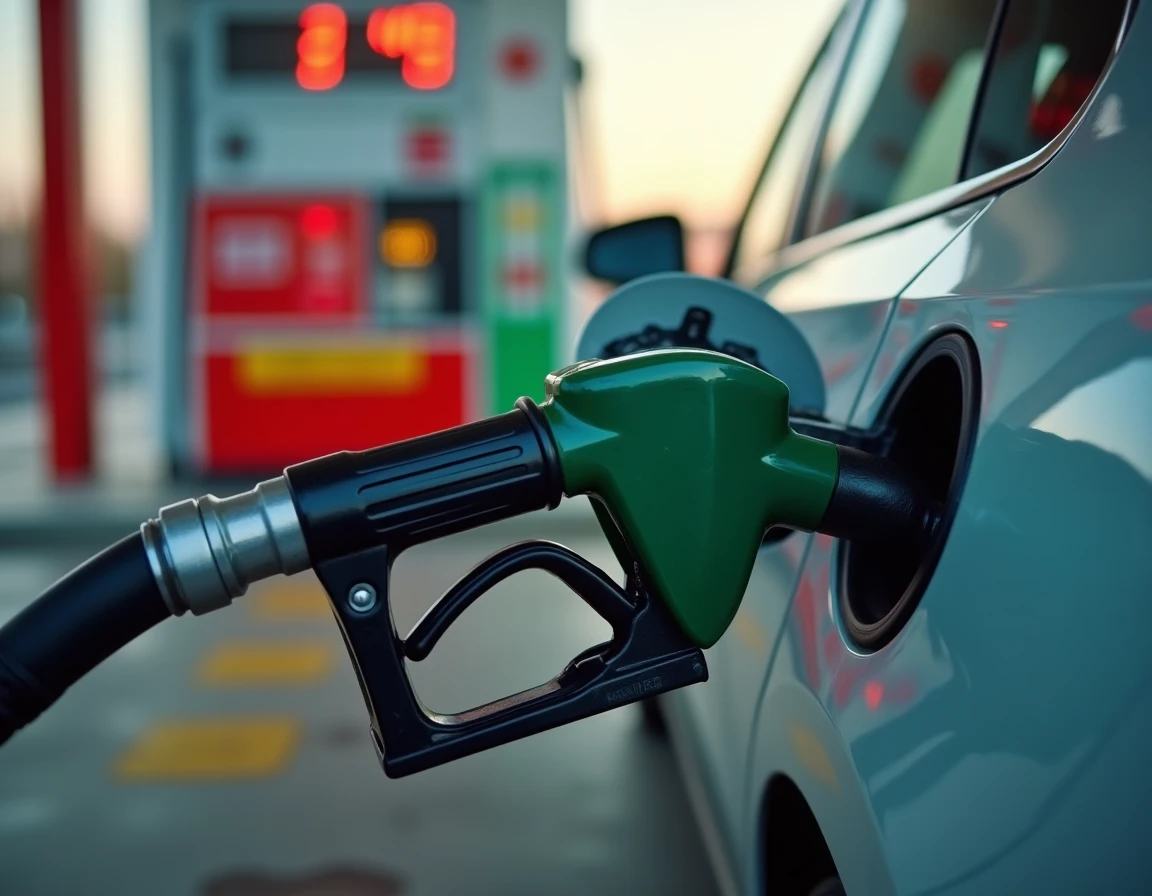 Gros plan sur un pistolet de pompe à essence inséré dans le réservoir d'une voiture à une station Intermarché avec affichage du prix au litre