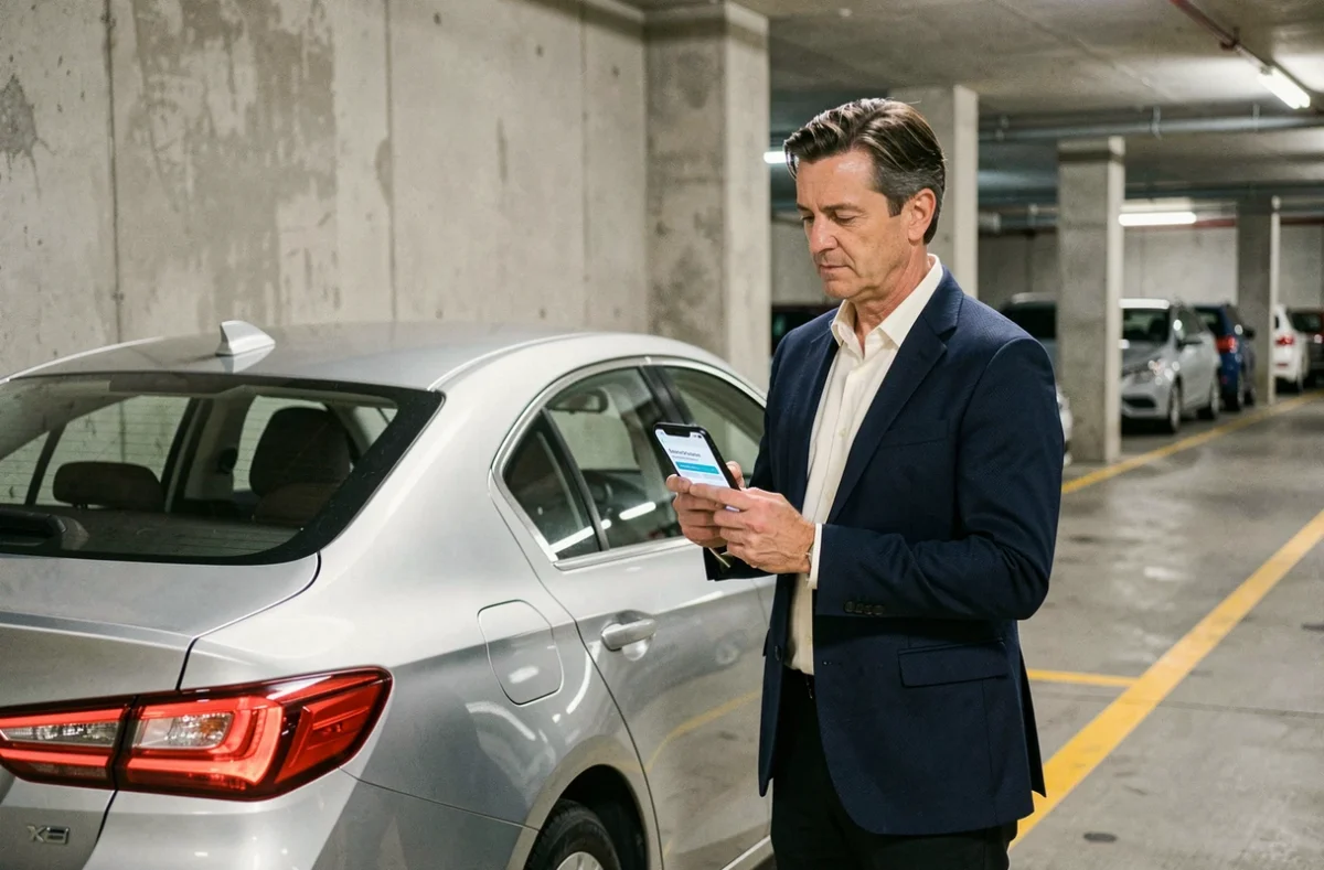Homme consultant une application d'assurance auto sur smartphone dans un parking souterrain