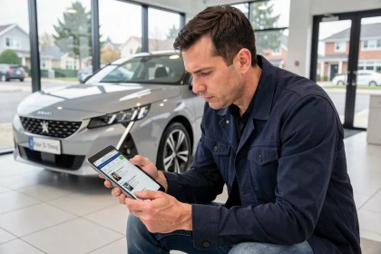 Un homme consultant des avis en ligne sur une tablette dans un showroom Peugeot 2026