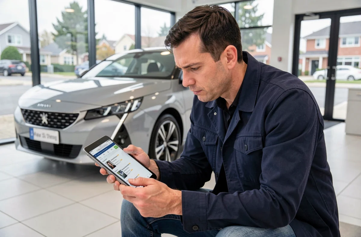 Un homme consultant des avis en ligne sur une tablette dans un showroom Peugeot 2026