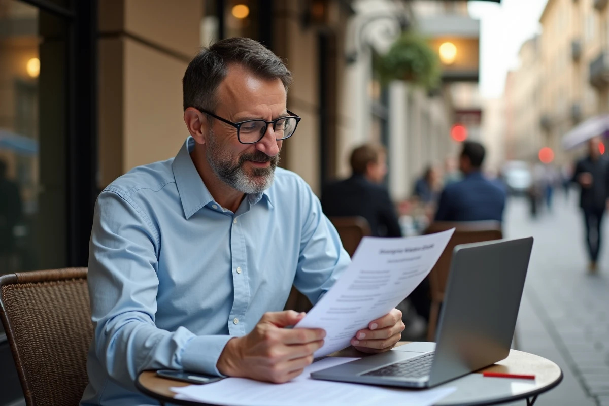 Homme au café comparant documents et utilisant son smartphone