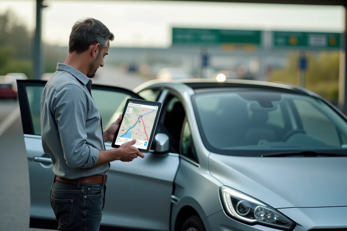 Homme debout à une aire d'autoroute française consultant les coûts d'un itinéraire voiture sur tablette