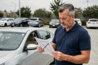 Homme tenant une carte grise barrée devant sa voiture dans un parking, illustrant la question de l'assurance automobile avec un certificat de cession