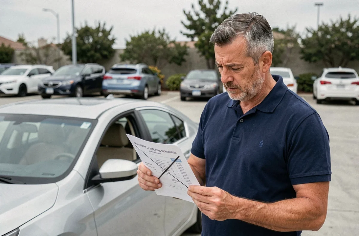 Homme tenant une carte grise barrée devant sa voiture dans un parking, illustrant la question de l'assurance automobile avec un certificat de cession