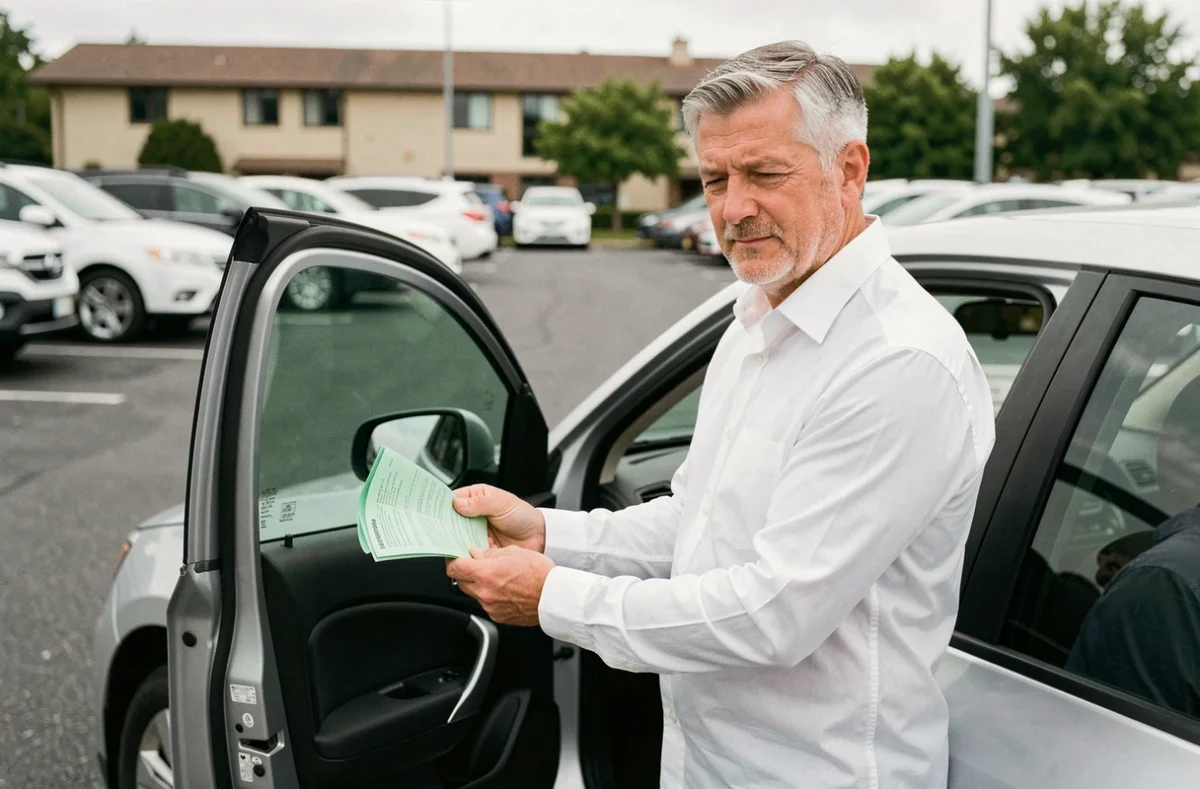 Homme récupérant sa carte verte d'assurance dans la boîte à gants de sa voiture