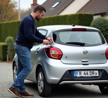 Homme attachant une plaque d'immatriculation française sur sa voiture