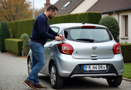 Homme attachant une plaque d'immatriculation française sur sa voiture