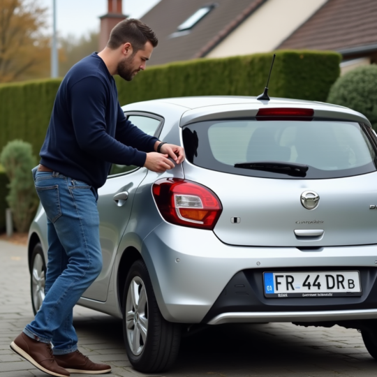 Homme attachant une plaque d'immatriculation française sur sa voiture