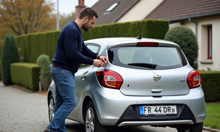 Homme attachant une plaque d'immatriculation française sur sa voiture