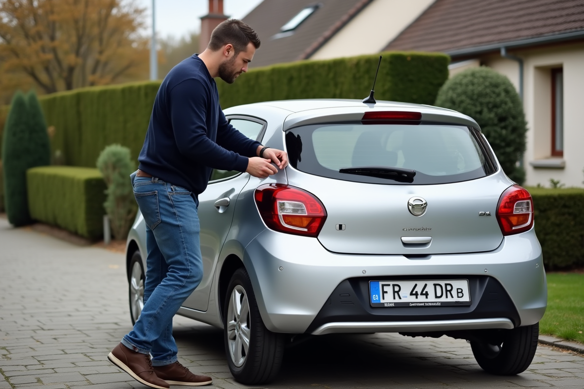 Homme attachant une plaque d'immatriculation française sur sa voiture