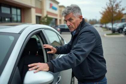 Homme regardant à travers la vitre de sa voiture après avoir laissé ses clés à l'intérieur dans un parking