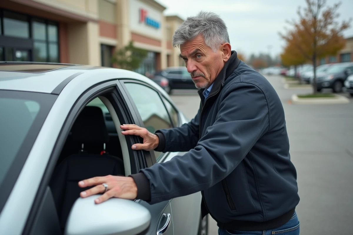 Homme regardant à travers la vitre de sa voiture après avoir laissé ses clés à l'intérieur dans un parking