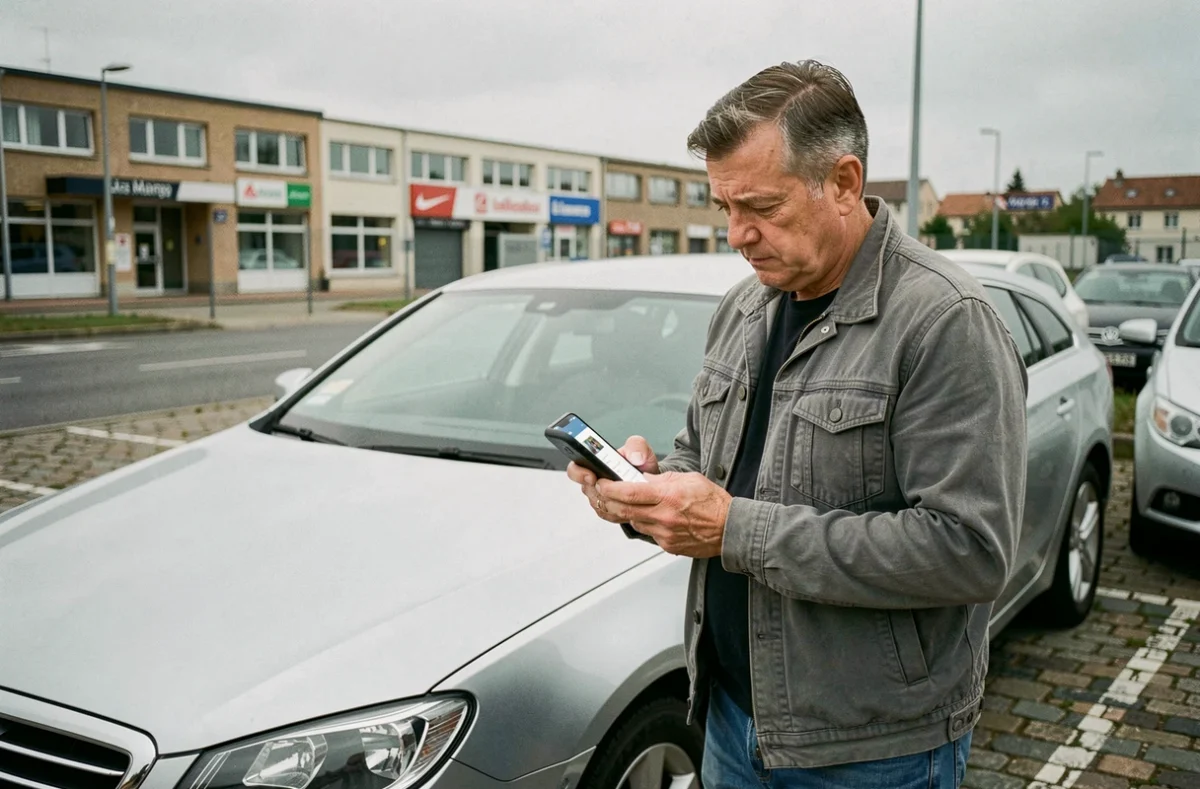 Homme consultant une application de comparaison d'assurance auto sur smartphone devant sa voiture au Mans