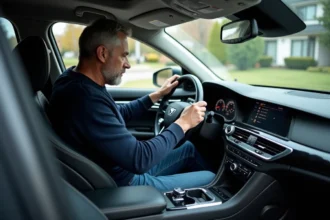 Homme en jeans et pull bleu regarde le tableau de bord