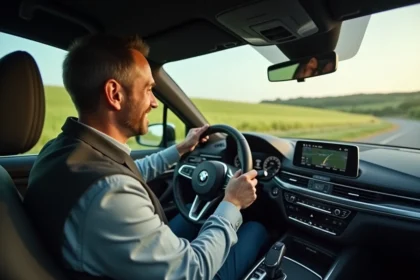 Homme d'âge moyen conduit une voiture moderne sur une route rurale