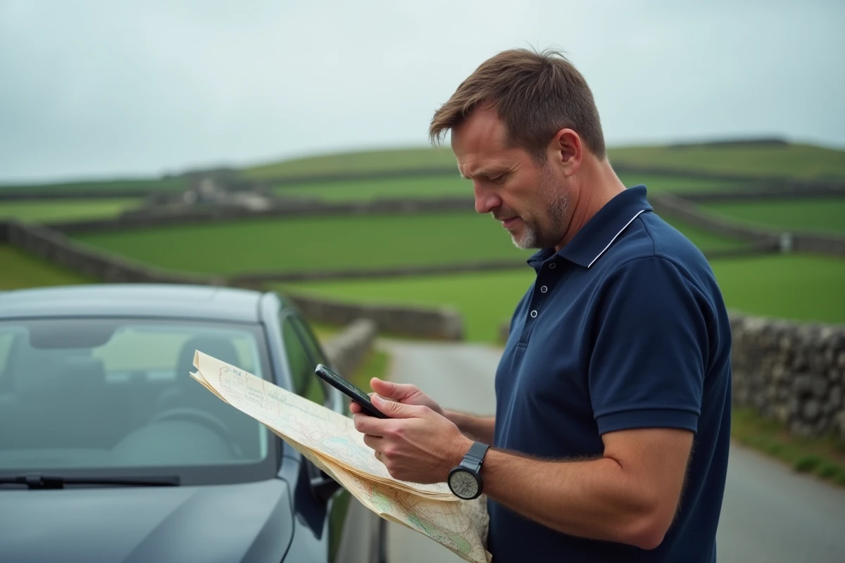 Homme consultant un convertisseur miles en km sur smartphone lors d'un voyage en voiture en Europe