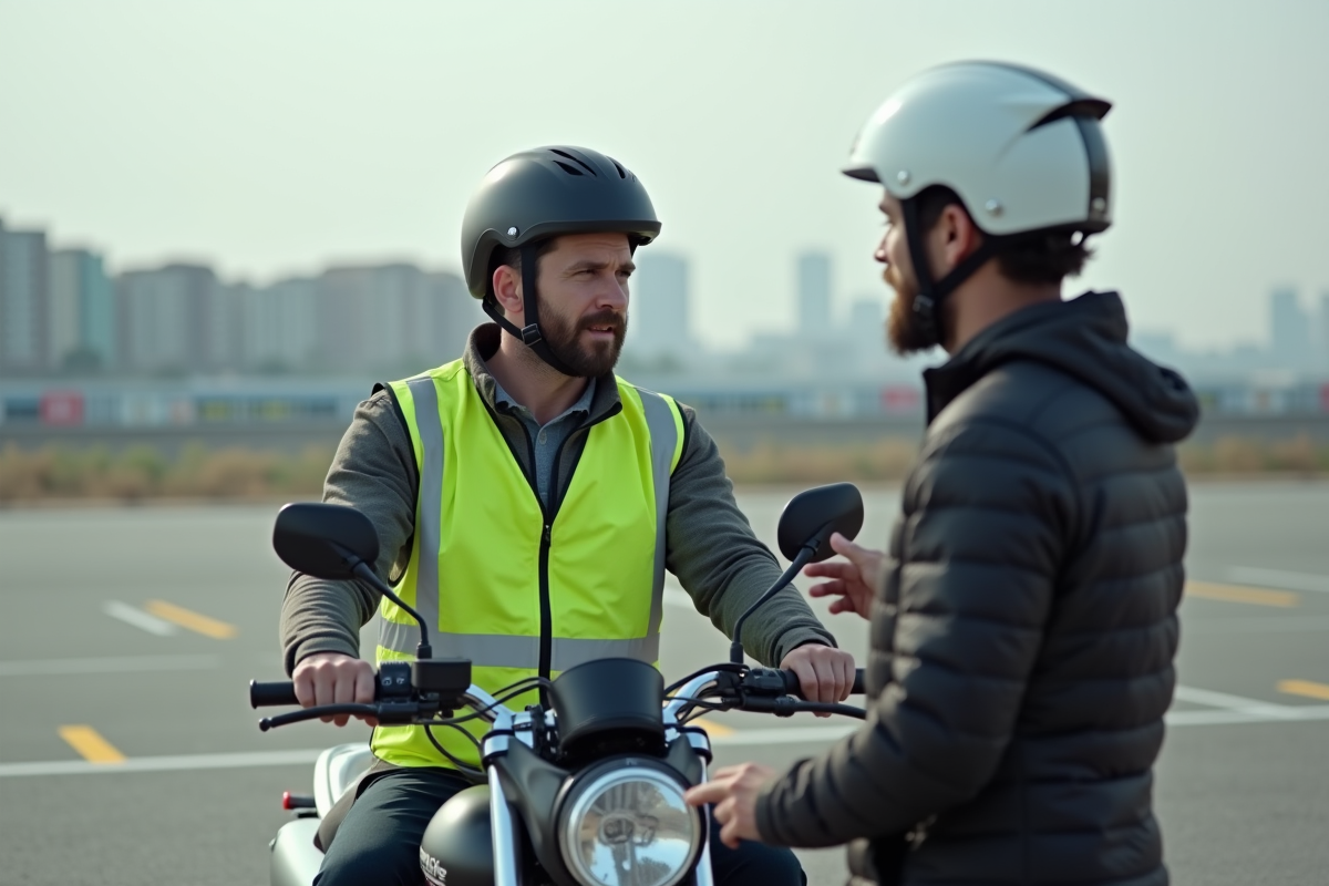 Homme avec gilet réfléchissant écoute un instructeur en moto