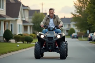 Homme en jeans roulant en quad électrique dans un quartier résidentiel