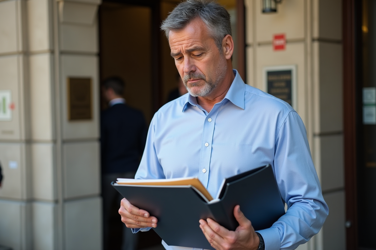 Homme vérifiant ses documents devant un bâtiment administratif