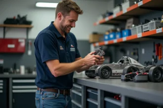 Homme en polo de course examine une pièce en aluminium anodisé