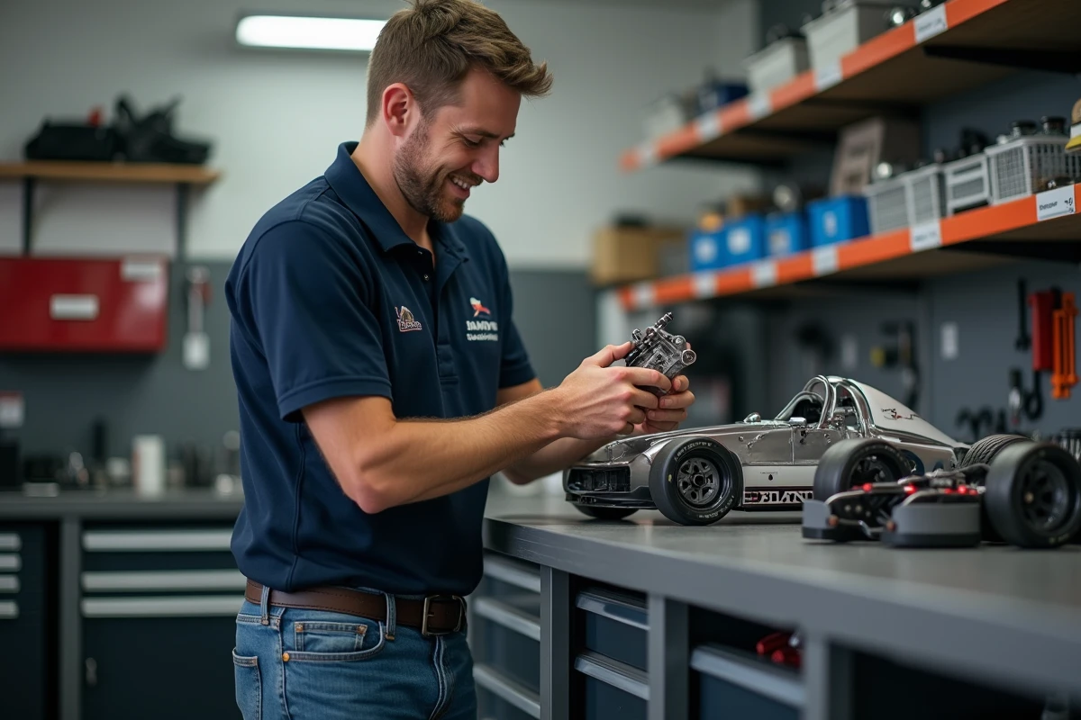 Homme en polo de course examine une pièce en aluminium anodisé