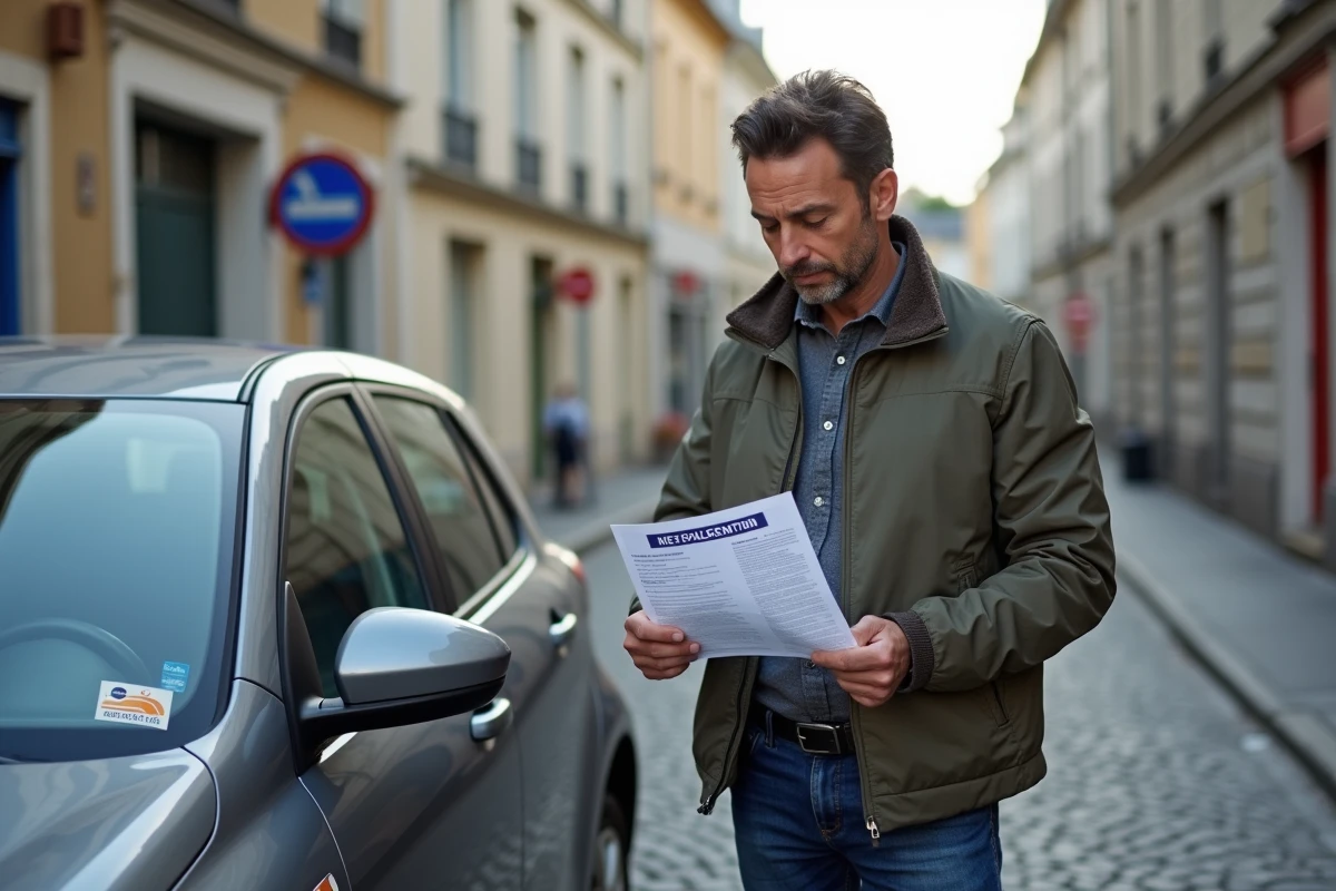 Homme consultant un document d'exemption Crit'Air à côté de sa voiture à Rennes