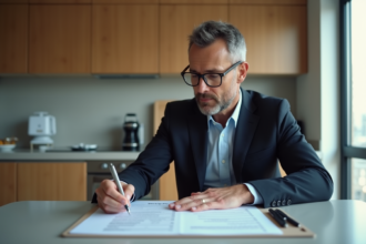 Homme en costume remplissant une fiche d'amende dans une cuisine moderne
