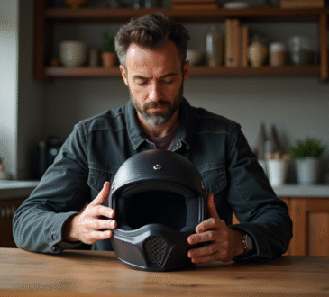 Homme vérifiant l'intérieur d'un casque moto noir