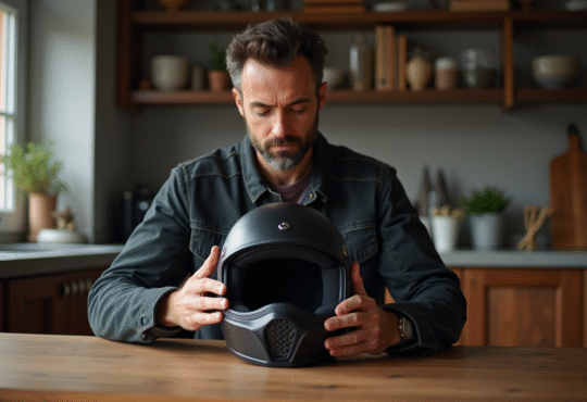 Homme vérifiant l'intérieur d'un casque moto noir