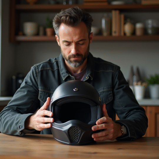 Homme vérifiant l'intérieur d'un casque moto noir