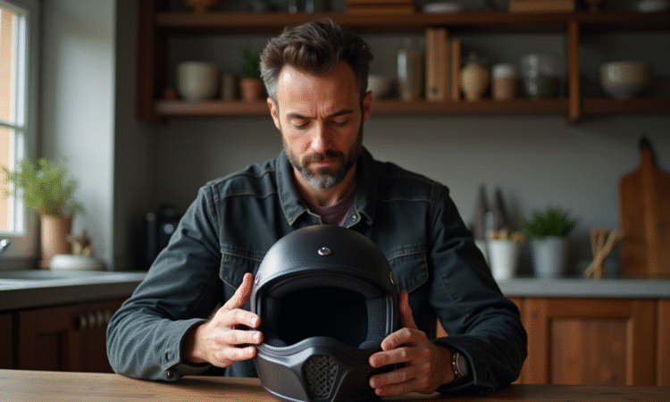 Homme vérifiant l'intérieur d'un casque moto noir